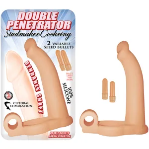 Double Penetrator Studmaker Cockring With 2 speed Bullet Flesh