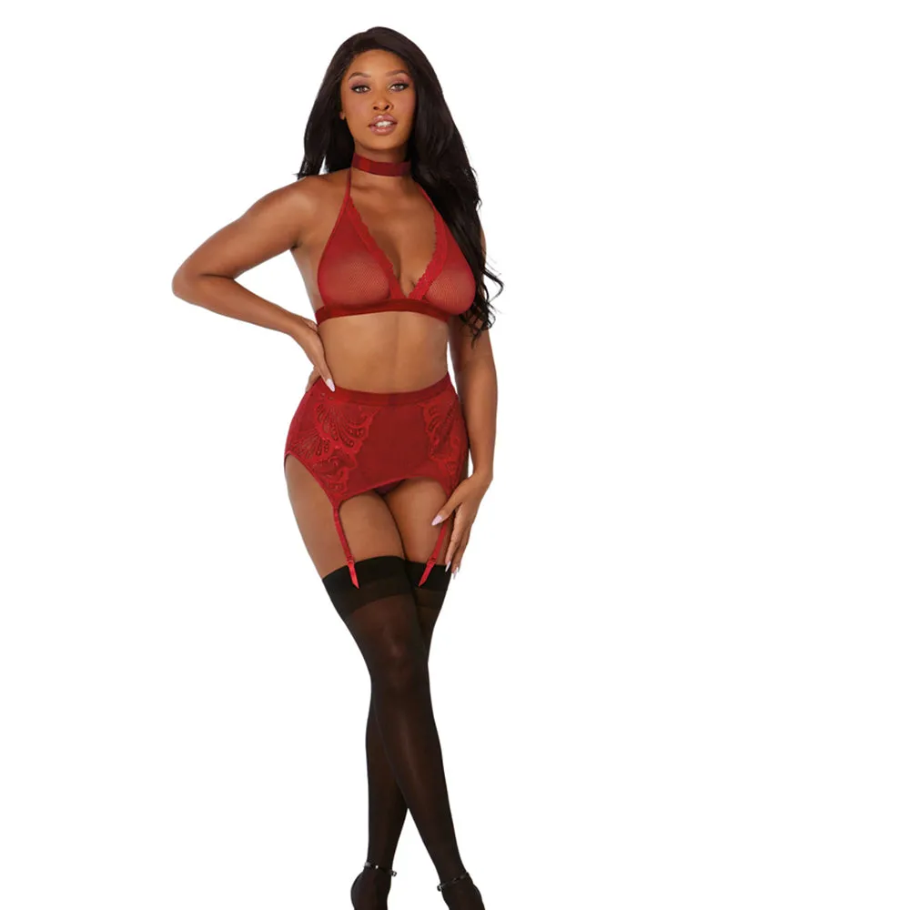 Dreamgirl Fishnet And Lace Four-piece Set With Stretch Velvet Trim Accents Garnet Os