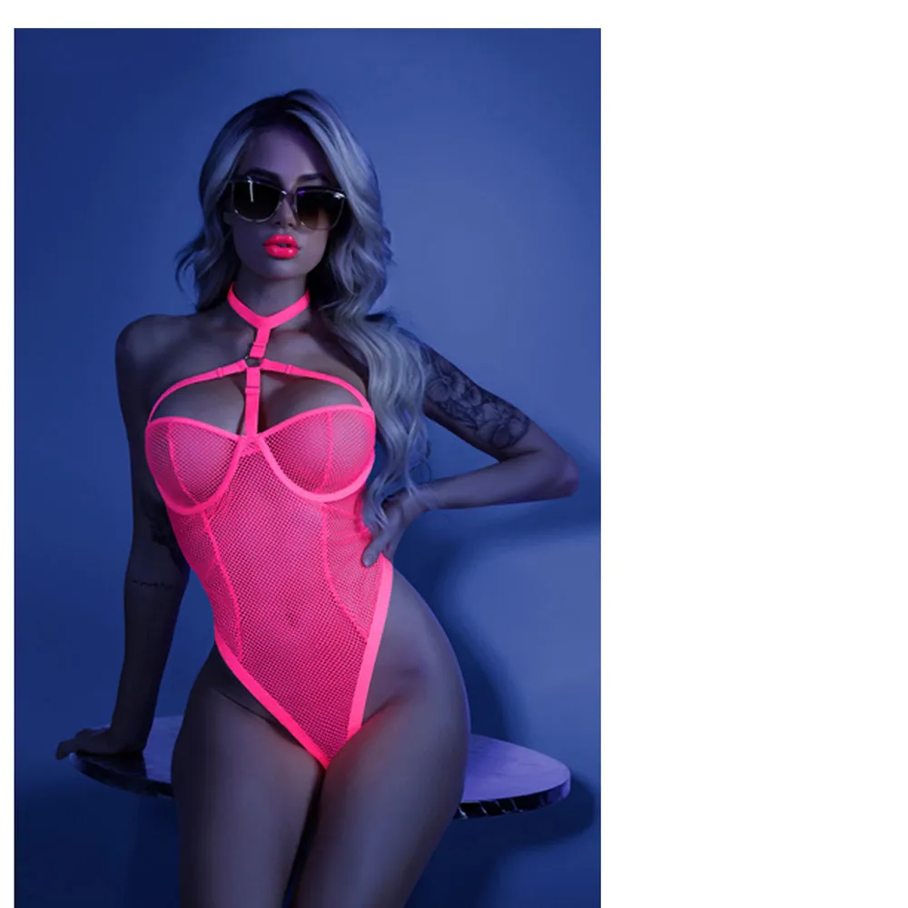 Glow All Nighter Harnessed Mesh Bodysuit Neon Pink L/xl