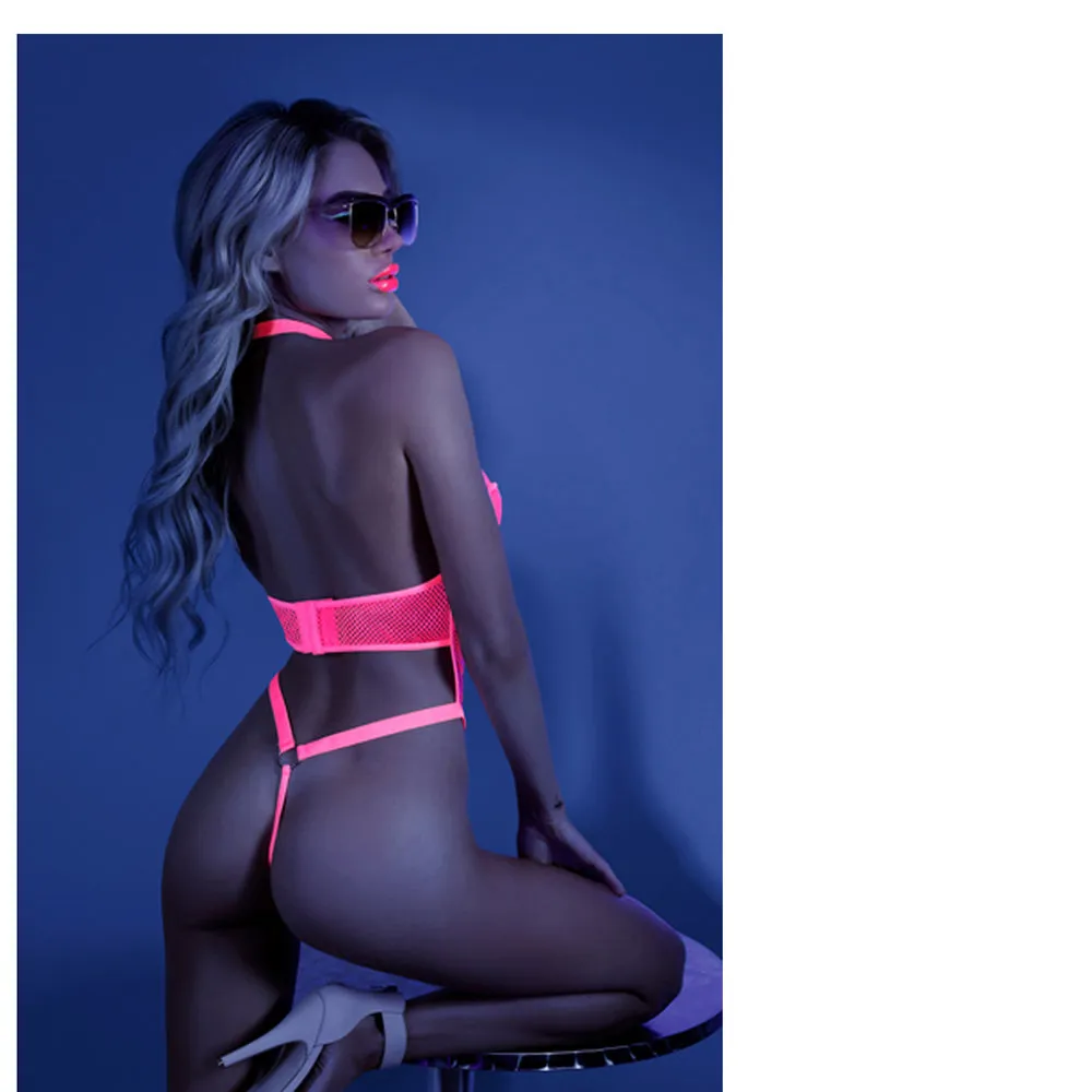 Glow All Nighter Harnessed Mesh Bodysuit Neon Pink L/xl