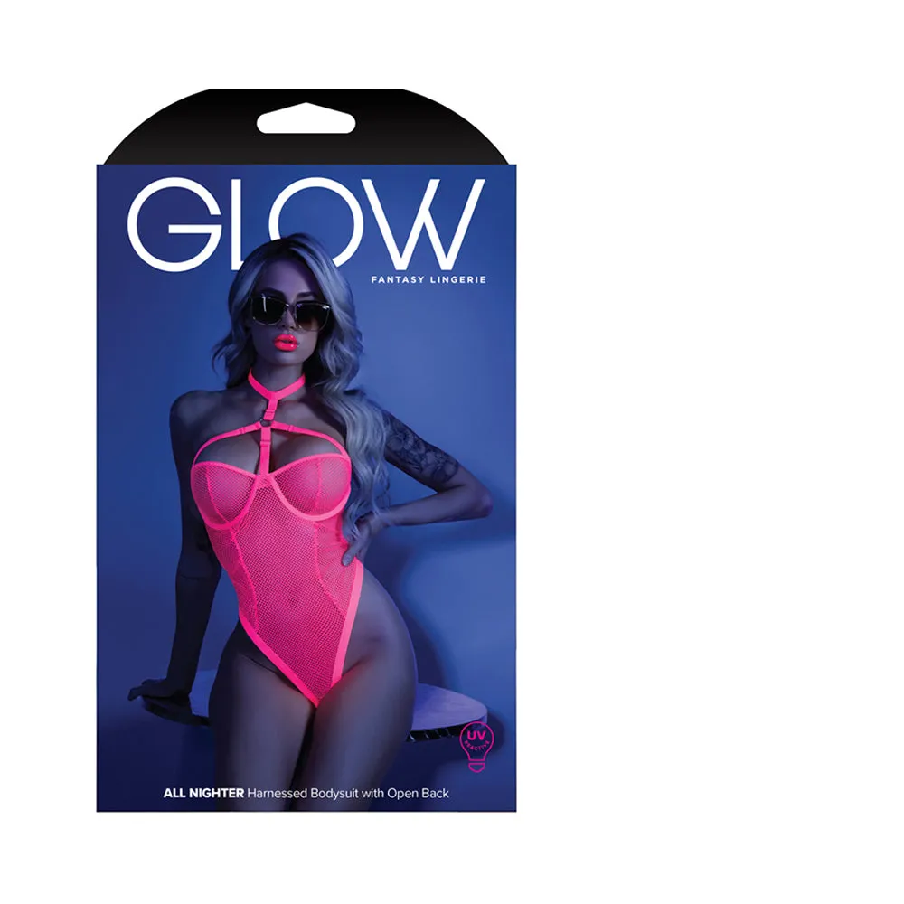 Glow All Nighter Harnessed Mesh Bodysuit Neon Pink L/xl