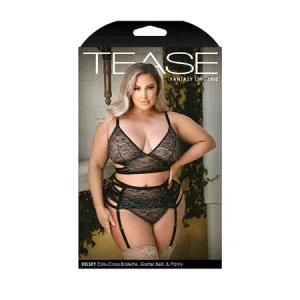 Tease Kelsey Criss Cross metallic Lace Bralette. Garterbelt & Panty Black 3X/4X